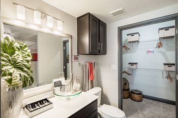 a bathroom with a shower and a sink and a mirror